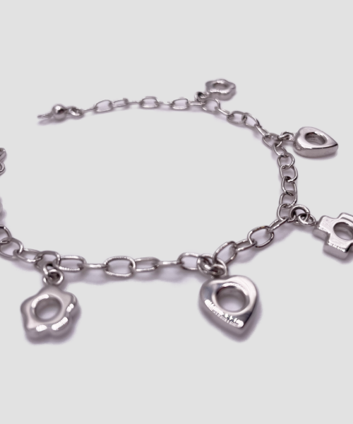 Bracciale a Catena con Charm Cuori, Fiori e Croce in Oro Bianco 18k